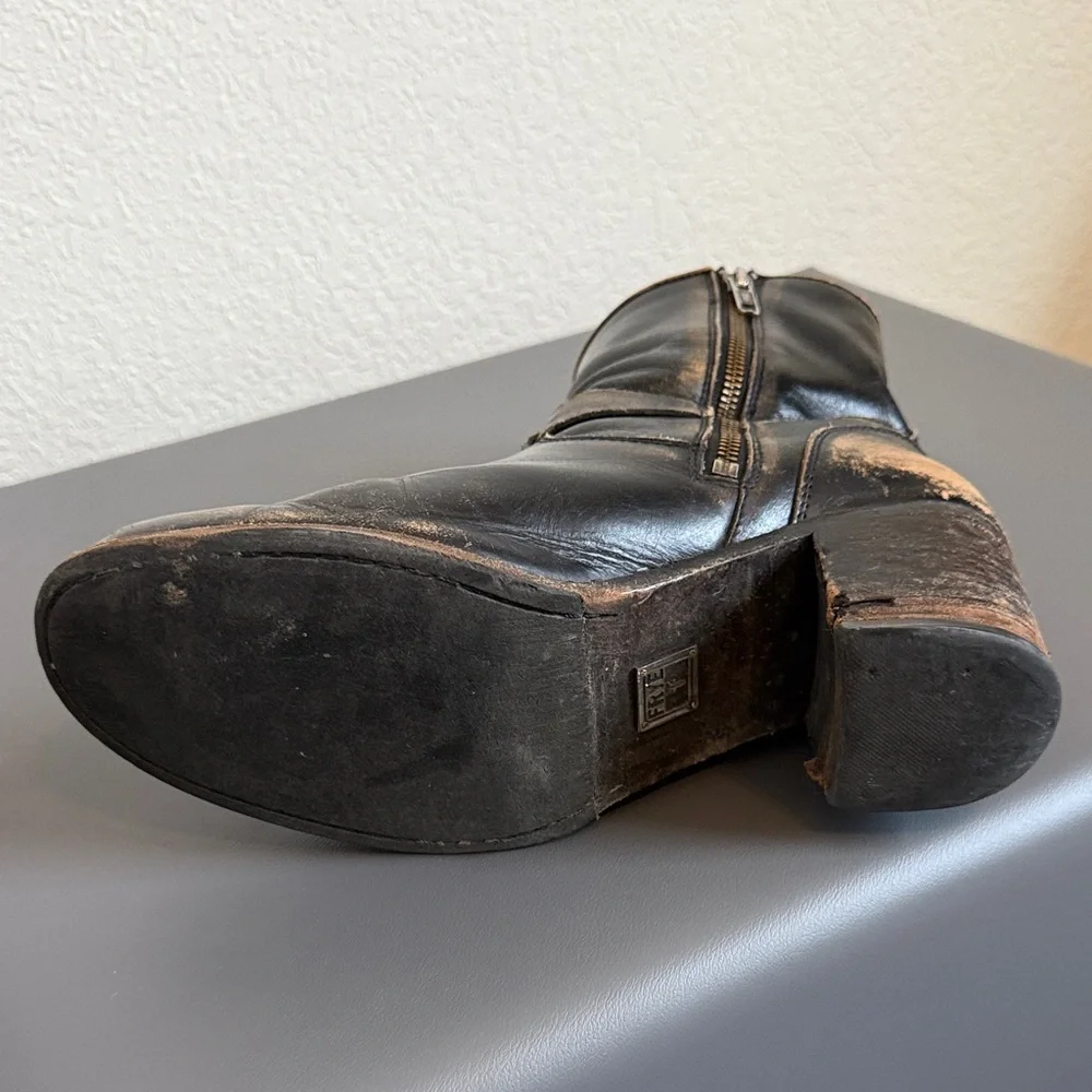 Frye Distressed Black Leather Mid Calf Boots with Buckle Detail - Picture 5 of 16